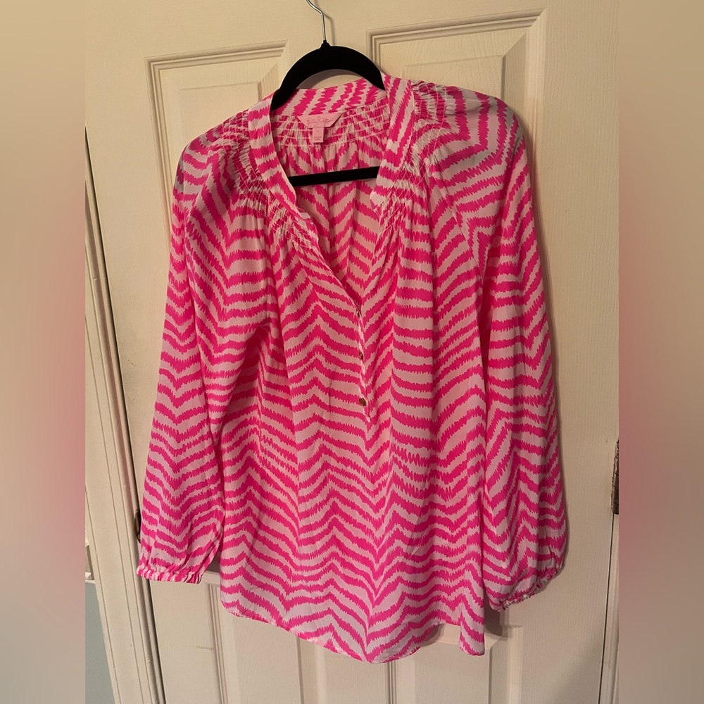 Lilly Pulitzer Elsa Top Hot Pink Chevron V-Neck Long Sleeve Blouse